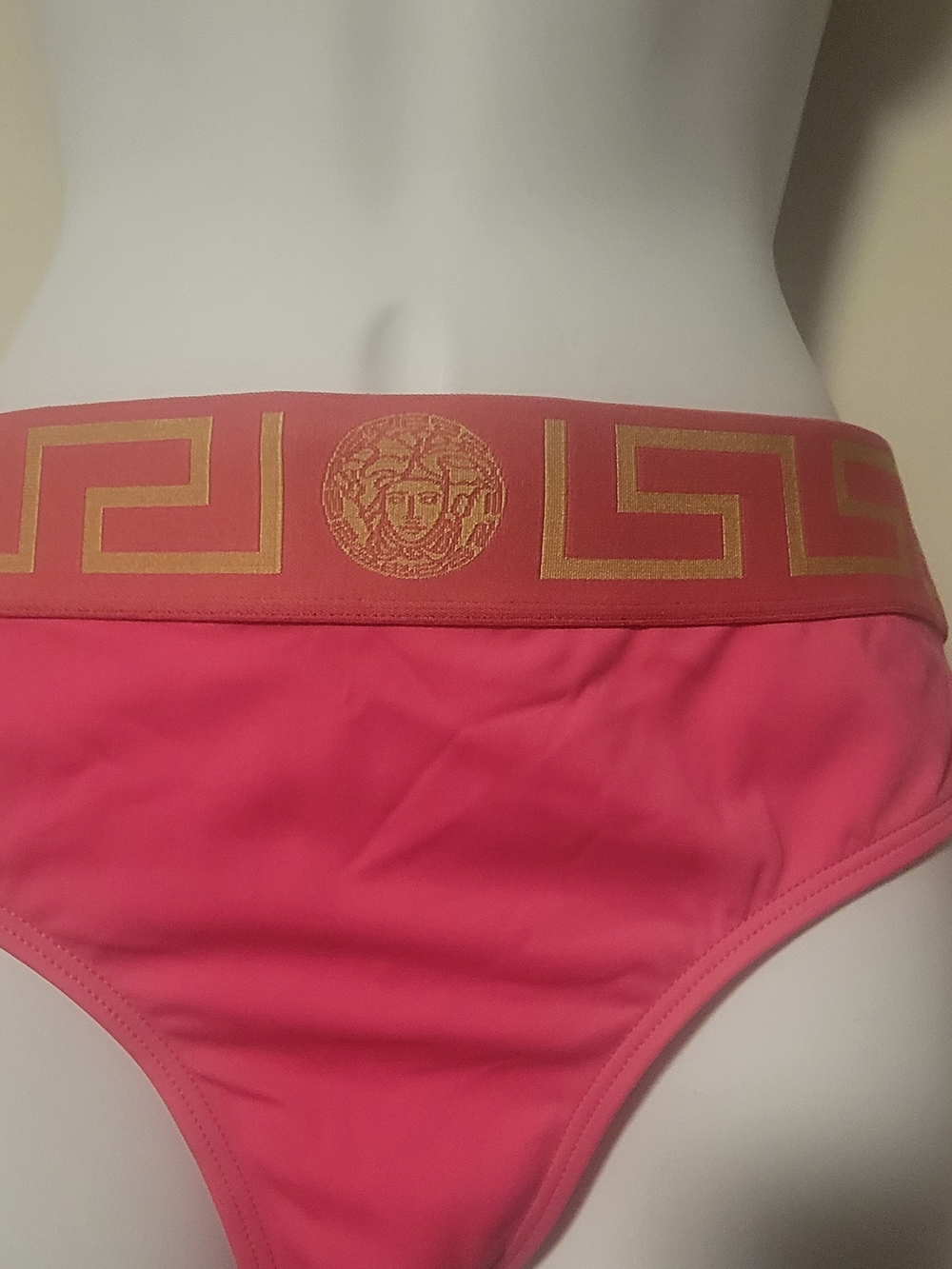 Versace Pink Bikini Bottom with Gold Greca Waistband
